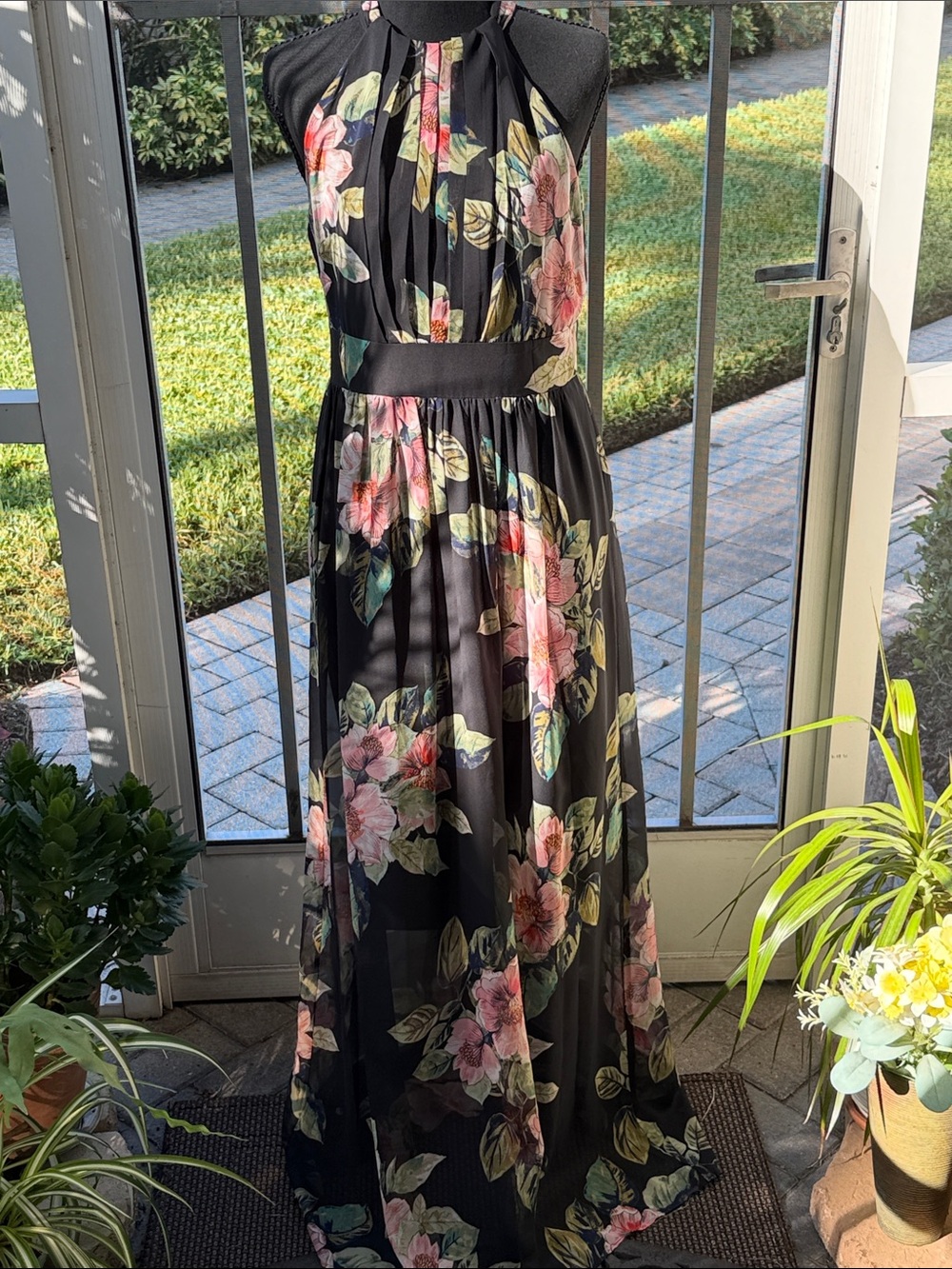 Black Floral Halter Maxi Dress - Pink & Green Floral